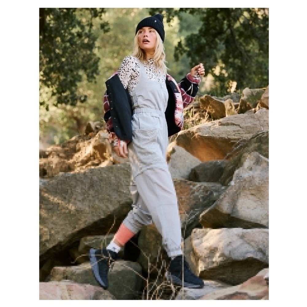 Free People Light Gray Pinstripe Utility Jumpsuit